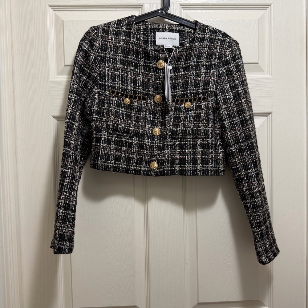 Urban Revivo Black Tweed Cropped Blazer with Gold Buttons